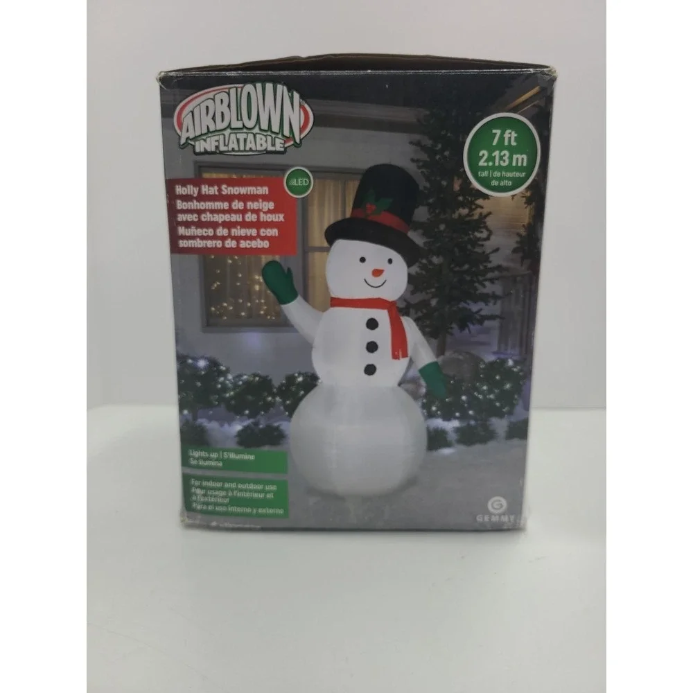 7 Ft Holly Hat‎ Snowman LED Lighted Gemmy Airblown Inflatable